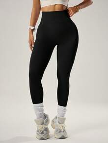 With My Calm 女士休闲运动收腹提臀无缝紧身裤 - 黑色 - 查看 6