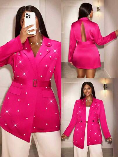 Xyvia 女士秋冬新款奢华优雅时尚派对礼服，采用精致面料，珍珠装饰图案，独特的露背设计，适合派对和晚宴场合，洋红色