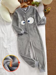 幼儿及大童怪兽图案抓绒连帽连体衣，趣味可爱图案，保暖冬季亲子装 - 深灰色 - 查看 3