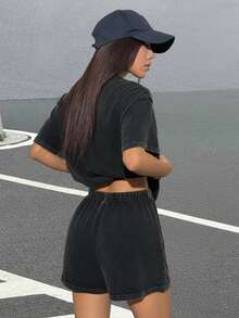 Muchica Summer 2pcs Women Vintage Distressed Look T-Shirt & Shorts Set