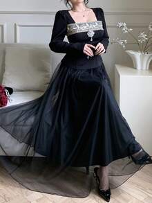 Celisse Women's Solid Color Vintage Lace Patchwork Rhinestone Decor Top + Mesh Skirt 2-Piece Set - Black - View 4