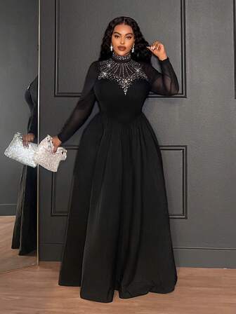 Slaydiva Elegant damklänning med strassutsmyckning och långärmad hög hals, svart, lämplig för bankett, dejt och högtider.