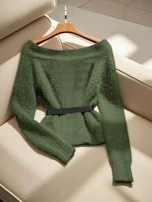 GlowEve 初秋冬新款奢华黑色长袖针织衫，慵懒高端通勤修身口袋装饰女毛衣 - 軍綠色 - 查看 2