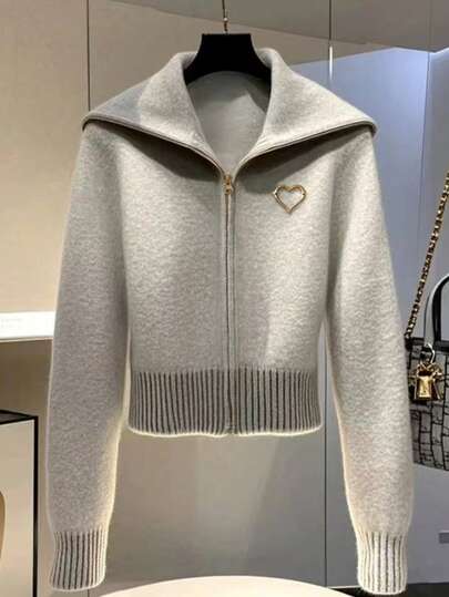 GlowEve 女式撞色下摆大领开衫，金属拉链，心形金属纽扣