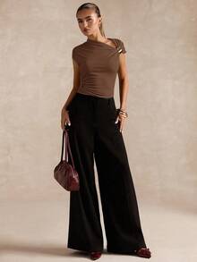 SHEIN BAE Áo thun tay ngắn họa tiết kim loại xếp ly thời trang, đa năng, phù hợp đi làm hàng ngày cho nữ - màu nâu - Xem 3