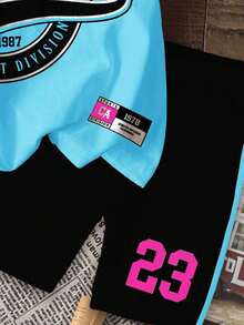 SHEIN Leap Crew 2件套少女休闲复古字母数字徽章图案短袖宽松T恤和打底裤套装，适合夏季运动休闲穿着，轻松舒适，休闲运动套装，嘻哈运动服，少女运动套装，少女运动服套装 - 彩色 - 查看 5
