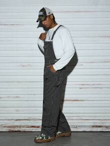 Modcrash Men's Casual Striped Loose Fit Straight Leg Denim Bib Overalls, All Season