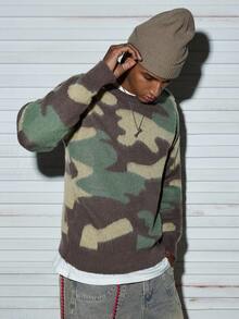 Modcrash Unisex Fluffy Camouflage Pattern Jacquard Knit Pullover Sweater, Casual Commuter Streetwear, Suitable For Autumn And Winter - Green - View 3