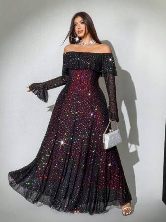 Viva Relle Sexy Black Sequin Mesh Off-Shoulder Plus Size Dress, Red For Christmas Party
