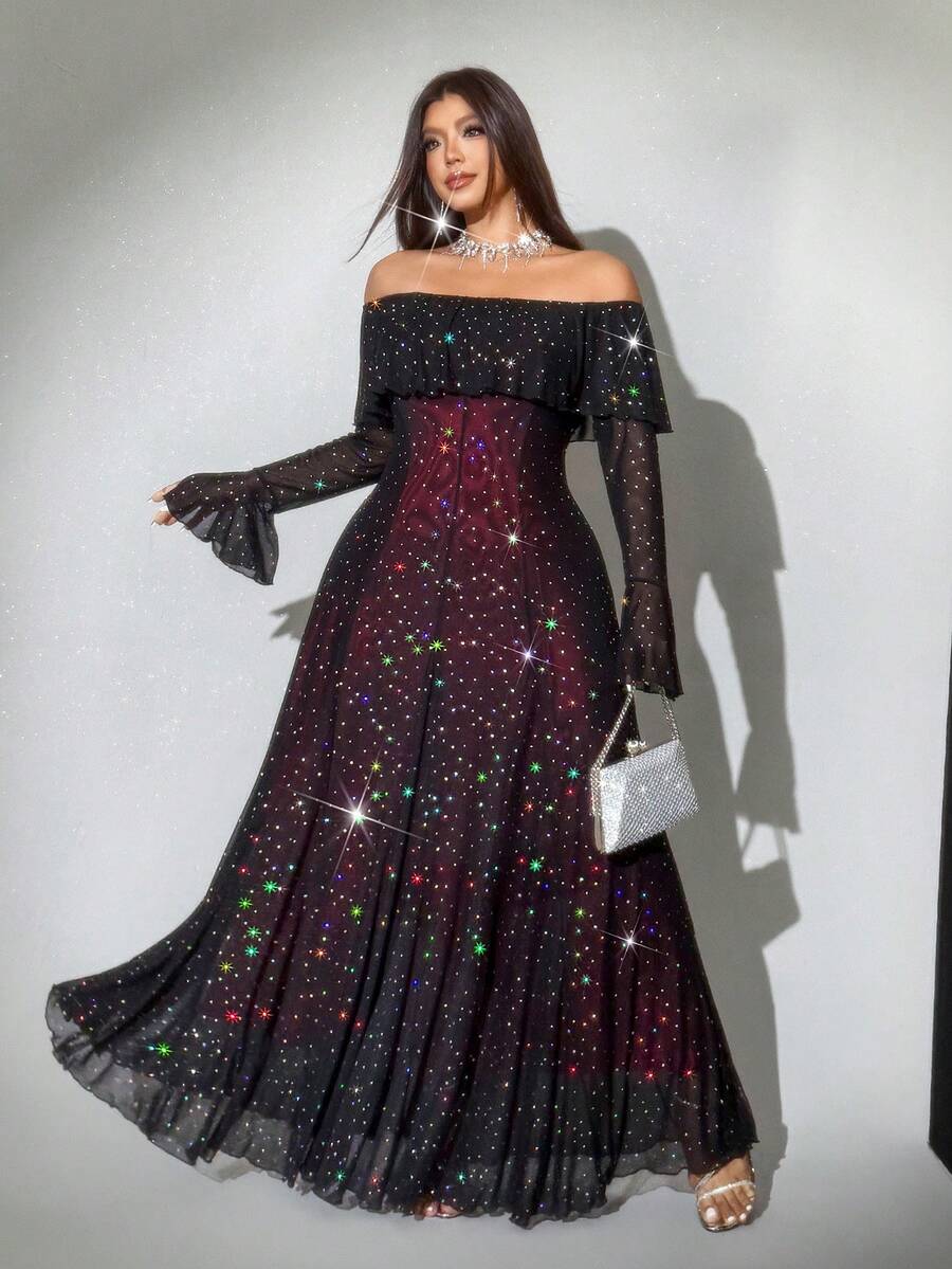 Viva Relle Vestido negro sexy de talla grande con hombros descubiertos y malla con lentejuelas, rojo para fiesta de Navidad - Negro - Ver 1