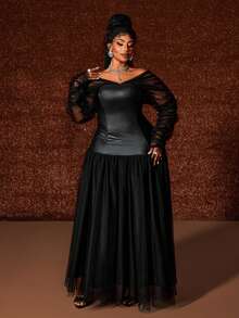 Maweii 大码长袖网纱拼接性感小众优雅浪漫连衣裙 - 黑色 - 查看 4