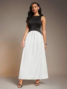 L'Amorae Women Color Block Midi Dress, Elegant Wedding Guest Date Night Outfit Valentines - Black and White - View 4