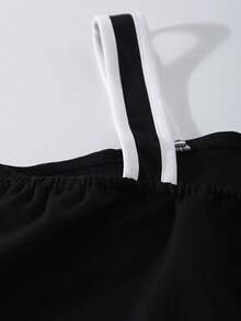 2pcs/Set Fashionable & Elegant Tween Girls' Contrast Color Camisole And Pants Set, Black & White Color Block Design With Bow Waist Belt Decor, Flattering Silhouette, Suitable For Daily Wear And Occasions - Black - View 3