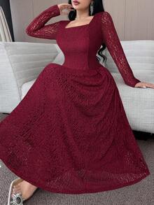 Feyla Women's Elegant Solid Color Square Neck Textured Dress, Autumn - Burgundy - View 4