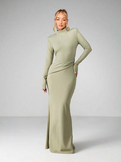 Missguided Sage Green Long Sleeve Turtleneck Bodycon Maxi Dress with Shoulder Pads and Ruched Hip Panel Details,XS