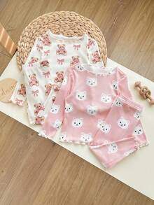 4pcs Baby Girl Cute Cat Pattern Ruffle Trim Round Neck Long Sleeve Top And Pants Soft Comfortable Homewear Pajama Set - Pink - View 5
