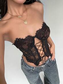 Aloruh Women's Lace Bustier Criss-Cross Strap Sexy Camisole Top,Black Top - Black - View 4