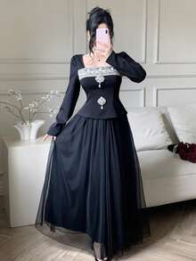 Celisse Women's Solid Color Vintage Lace Patchwork Rhinestone Decor Top + Mesh Skirt 2-Piece Set - Black - View 8