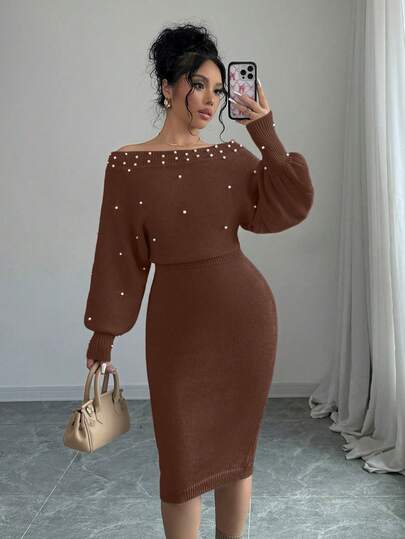 Elenzga New Knitted Button Decor Women Dress, Lantern Sleeve, Sexy Fitted Casual Dress Long Sleeve Elegant Dress Brown Elegant Dress Women Coffee Brown Dress Brown Sexy Dress