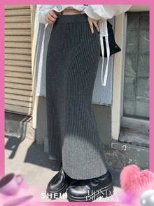 FRIFUL Women's Solid Dark Grey Ribbed Knit Elastic Waist Straight Skirt, Slimming, Suitable For Vacation, Autumn Women Clothing Winter Women Skirts