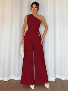 Rafferiza 两件套女士不对称肩部优雅通勤休闲套装 - 紅色 - 查看 7