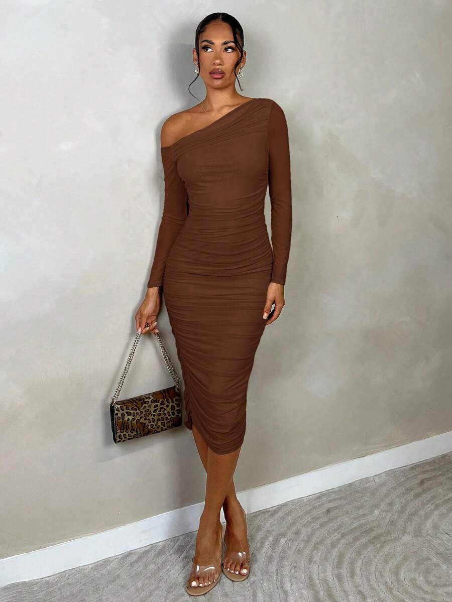SHEIN BAE 女士秋季褶皱网纱优雅约会派对中长连衣裙，修身长袖 - 棕色 - 查看 1