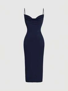 SHEIN Belle Burgundy Red Draped Front Split Back Cami Bridesmaid Dress - Navy Blue - View 1