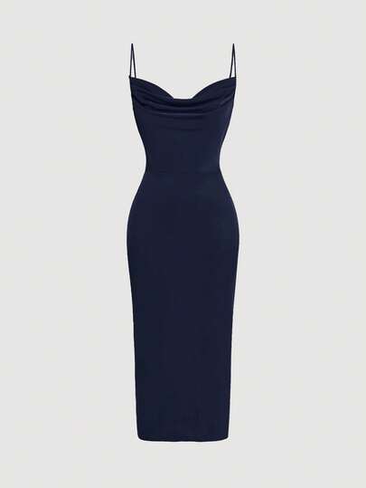 SHEIN Belle Burgundy Red Draped Front Split Back Cami Bridesmaid Dress