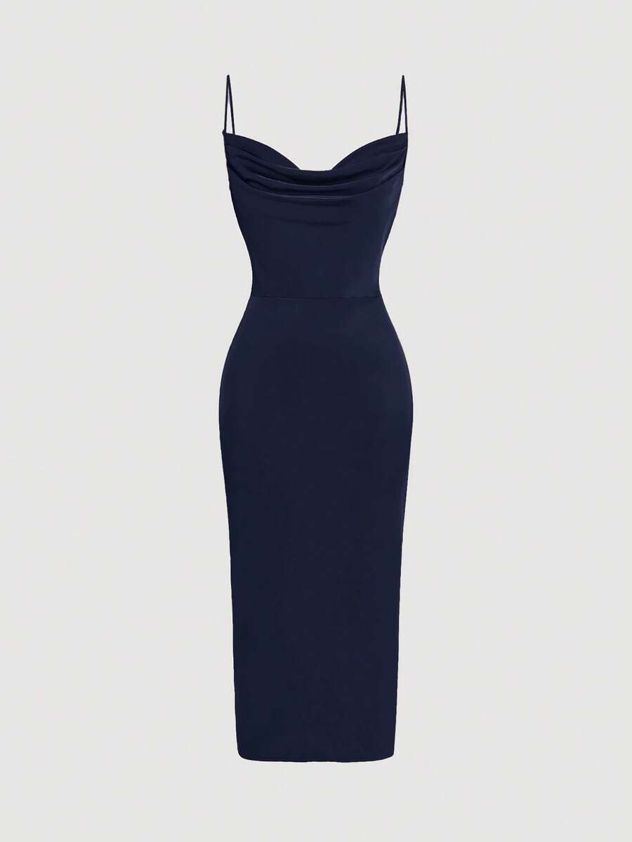 SHEIN Belle Burgundy Red Draped Front Split Back Cami Bridesmaid Dress - Navy Blue - View 1