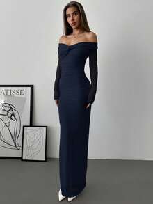 Aloruh Off-Shoulder Mesh-Twist-Rüschenkleid, romantisches Abendkleid mit langen Ärmeln