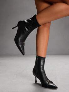 CUCCOO SZL Women's Pointed Toe Side Zipper Design Fashionable Versatile High Heel Ankle Boots For Christmas - Black - View 5