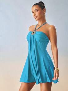 Hauture Women's Round Black Pearl Metal Decor Backless Halter Mini Dress - Blue - View 4