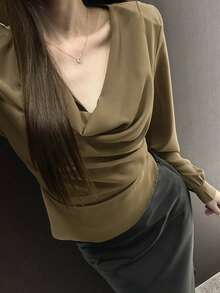 DAZY Unique Design Plunging Neck Long Sleeve Blouse For Women - Brown - View 7