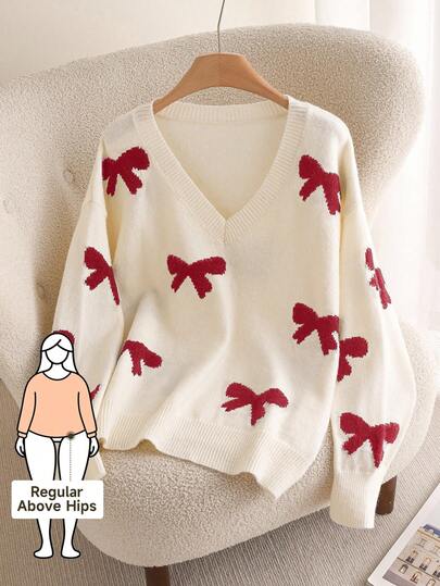 CosyJoli 秋冬大码女式宽松V领蝴蝶图案长袖毛衣