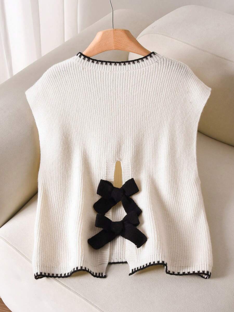 CosyJoli Plus Size Women Casual/Office Commute Contrast Binding Bowknot Back Batwing Sleeve Loose Knit Sweater, Autumn/Winter Fall/Winter - White - View 1