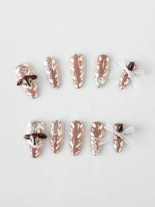 ROMWE Anime 10 pièces Faux ongles blancs mignons avec décoration de nœud, tête de cerf, pois, faits main + 3 pièces ongles amovibles en dentelle blanche de forme amande moyenne à double face adhésive, vernis à ongles brillants de haute qualité, convient pour les vacances, les fêtes et le port quotidien - Multicolore - Voir 3