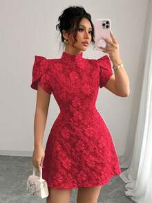 Elenzga Váy ngắn tay bồng vải đỏ họa tiết cổ điển thanh lịch hở lưng cổ cao thắt nơ màu tương phản thiết kế độc đáo ôm vừa vặn cho nữ, mùa hè - Màu đỏ anh đào - Xem 5