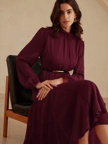 Aveloria EMERY ROSE Váy Maxi Chiffon Lụa Giả Sang Trọng, Thanh Lịch, Đơn Giản, Phong Cách Cung Điện Retro, Màu Trơn Cổ Điển, Cao Cấp, Thanh Lịch, Chân Váy Xòe Dáng Chữ A Ôm Sát, Cổ Cạp Sau Khóa Kéo Vô Hình, Thiết Kế Tay Phồng Cổ Lọ, Lớp Lót Thoải Mái, Thích Hợp Mặc Hàng Ngày, Hẹn Hò, Tiệc Tùng, Kỳ Nghỉ - Màu Đỏ Sâu - Xem 4