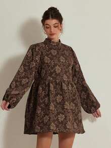 Revavyn 女士优雅纹理花卉灯笼袖A字迷你裙，秋季 - 咖啡棕 - 查看 3