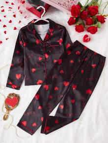 Girls' Heart & Love Print Faux Silk Pajama Set - Black - View 4