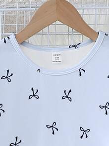 Tween Girls Snug Fit Cute Bow Thermal Lined Loungewear Set - Light Blue White Cute Bow Thermal Lined Loungewear 2-Piece Combo Cute Bow Design Light Blue White Fresh Color Round Neck Long Sleeve Cute Bow Thermal Lined Loungewear Set 2-Piece Combo Social Media Style Cute Bow 2026 New Year Holiday Essential Spring Summer Autumn Winter Tween Girls Cute Bow Thermal Lined Loungewear Set Light Blue Pajama Set Two Piece Sleep Set Kids Pajama Set - Baby Blue - View 3