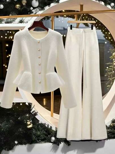 GlowEve Autumn/Winter New Casual Knit Pants, White Sweater, Elegant Waist Cinched Flared Hem Cardigan, Short Unique Metal Button Decor Women Sweater Two Pieces Set