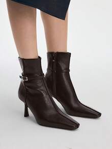 Mnmlis 欧美风方头高跟踝靴，百搭细跟短靴，2025秋冬新款 - 棕色 - 查看 1