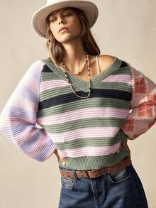 Bohemela Áo len nữ phong cách Boho mùa Đông/Xuân, kiểu dáng vintage, cổ chữ V, tay raglan, dáng rộng, kẻ sọc nhiều màu sắc, thích hợp cho các buổi hòa nhạc, tiệc tùng, đi biển, mặc hàng ngày, đi học, đi chơi, Giáng sinh, Năm mới, phong cách Y2K những năm 2000, kỳ nghỉ hè. - Nhiều màu - Xem 2