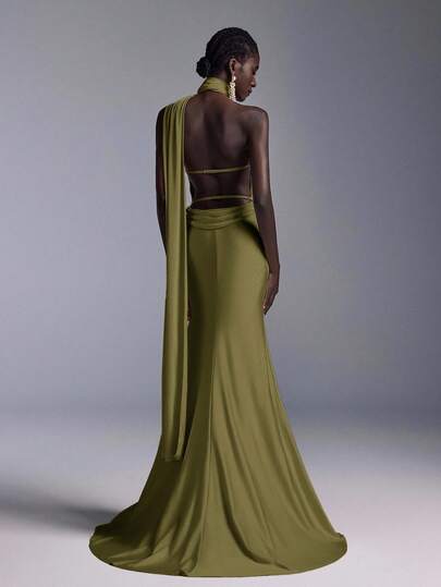 Elitara Vestido largo de sirena con espalda abierta y ajustado, de estilo minimalista, adecuado para asistir a fiestas formales, reuniones y galas formales de damas