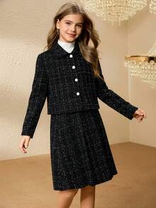 Tween Girl Front Button Long Sleeve Jacket And Skirt Elegant Set Girls Black Plaid Skirt Suit Tweed Skirt Set For Girls Kids Jacket And Skirt Outfit Girls Matching Jacket Skirt Girls Tweed Two Piece Set - Black - View 4