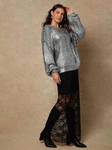 Freevana Damen Große Größen V-Ausschnitt Drop Shoulder Langarm Loose Pullover Pullover, Herbst/Winter - Schwarz - Übersicht 6