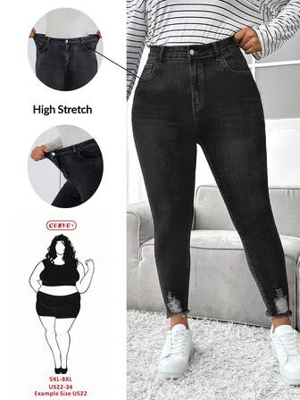 SHEIN CURVE+ Plusstorlekar slitna, slitna slim fit-jeans, damjeans med hög midja, bantning och hög stretch, skinny, fashionabla, mångsidiga jeans, lämpliga för semester, fest, dejt, sammankomst, avslappnad, mångsidig, lämplig för jul, halloween, tillbaka till skolan, semester, kontorskläder, svarta skinny jeans, enkla denimbyxor, elastiska skinny jeans, slitna jeans, slim fit-jeans, bodycon-jeans, svarta tvättade denim, skinny jeans höst/vinter, mångsidiga denim för vardag, arbetsjeans, slim fit-jeans för jul, nyårsafton-denim, casual denim för högtider, svarta denimjeans för vinter, avslappnade skinny jeans, arbetsjeans, mångsidiga slim jeans, utomhusjeans, eleganta slim denim, slitna jeans i gatustil, kontorsjeans för vardag