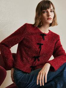 Arave Jaket Pesta Lengan Panjang Wanita Model Tweed dengan Detail Pita di Bahu dan Benang Emas Berkilau - Merah - View 3