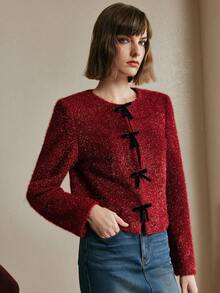 Arave Jaket Pesta Lengan Panjang Wanita Model Tweed dengan Detail Pita di Bahu dan Benang Emas Berkilau - Merah - View 7